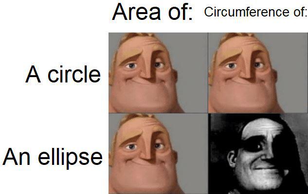 Mr Incredible shocked about the circumference of an ellipse